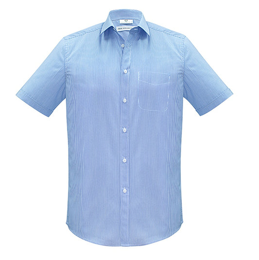 Mens light blue and white fine stripe fabric, UPF Rating, Modern collar, Chest pocket, Twin back pleats for enhanced movement, Curved hem, Classic fit professional corporate short sleeve shirt
