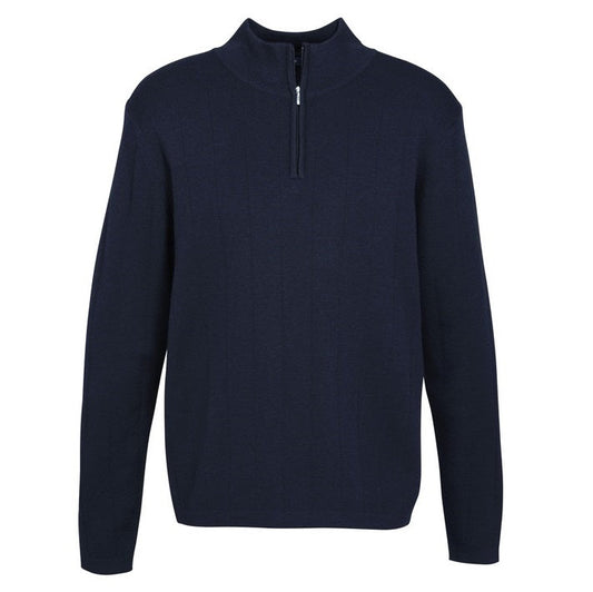 Mens modern fit jumper, business attire, navy zip up high neck merino wool durable machine washable corporate professional business winter wear Biz Collection WP10310 Mens 80/20 Knit Pullover low pill knitwear