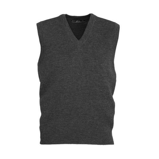Men's charcoal grey comfortable easy wear knit vest, wool blend vest, corporate vest, uniform knitwear, business vest, sleeveless knit jumper, office wear, professional knitwear, winter layering vest, wool acrylic vest