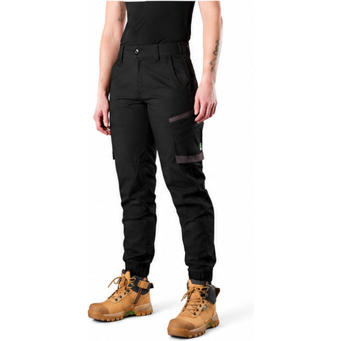 womens black tapered elastic cuffs FXD WP-8W Womens Stretch Ripstop Work Pants front side angle