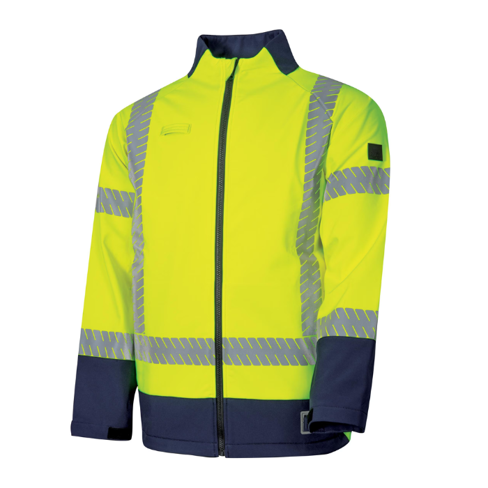 Bool BW2300T8 HiVis PPE2 Softshell Jacket with Segmented FR Reflective Tape Hi Vis Yellow And Navy Colour