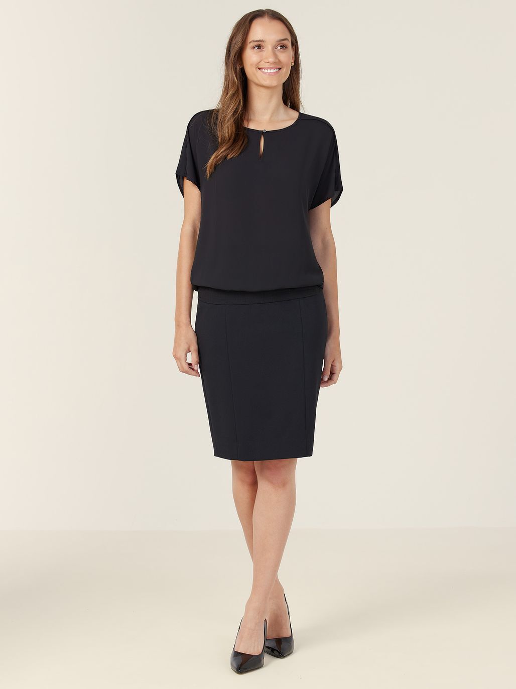 NNT CATUQT Georgie Short Sleeve Rib Hem Top - Black - Alternative Front View