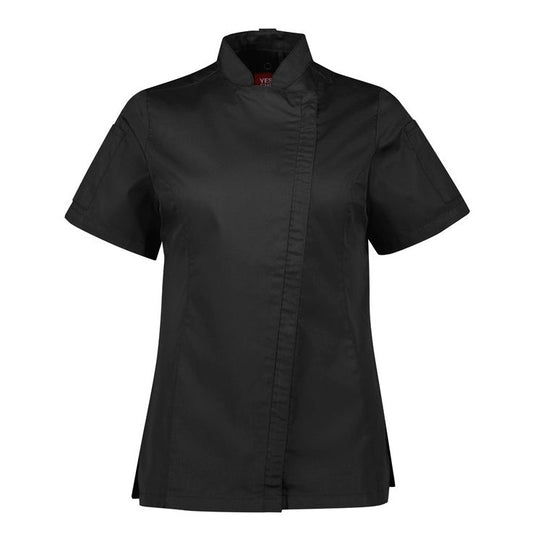 Black womens concealed zip lightweight twill Biz Collection CH330LS Womens Alfresco Short Sleeve Chef Jacket