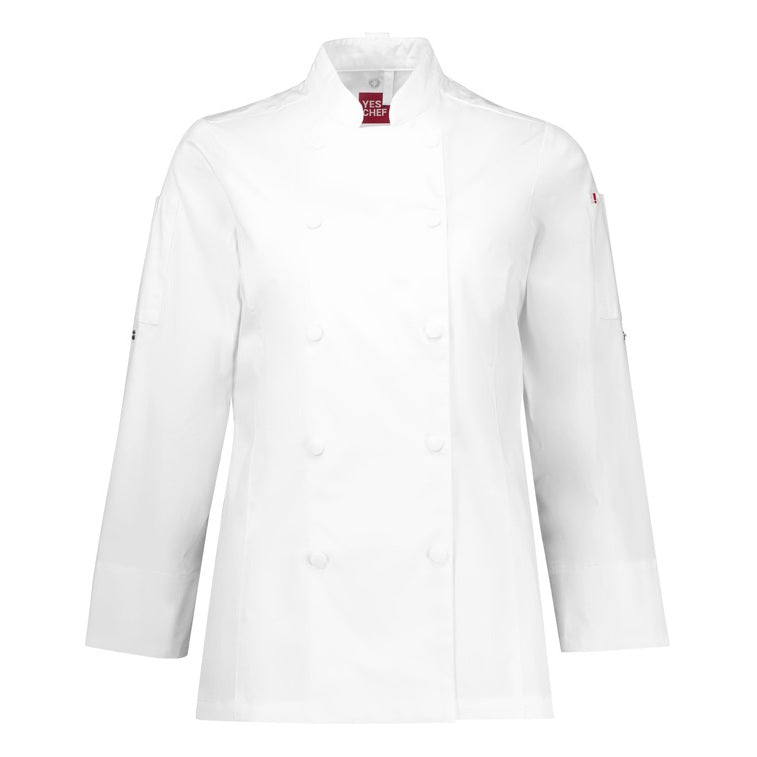 Womens White Double Breasted cotton Twill Biz Collection CH430LL Womens Gusto Long Sleeve Chef Jacket with UPF protection