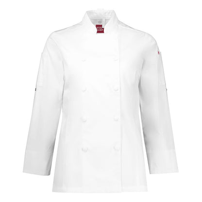 Womens White Double Breasted cotton Twill Biz Collection CH430LL Womens Gusto Long Sleeve Chef Jacket with UPF protection