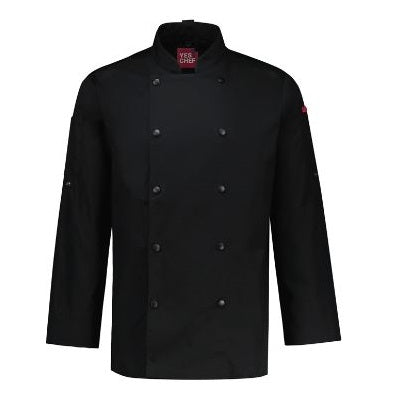 black mens cotton twill upf sun protection double breasted high collar chefs coat Biz Collection CH430ML Mens Gusto Long Sleeve Chef Jacket