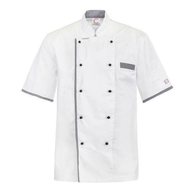 White chef's jacket Chefscraft CJ042 DISCONTINUED Executive Chefs Lightweight Vented Short Sleeve Jacket with Checked Detail
