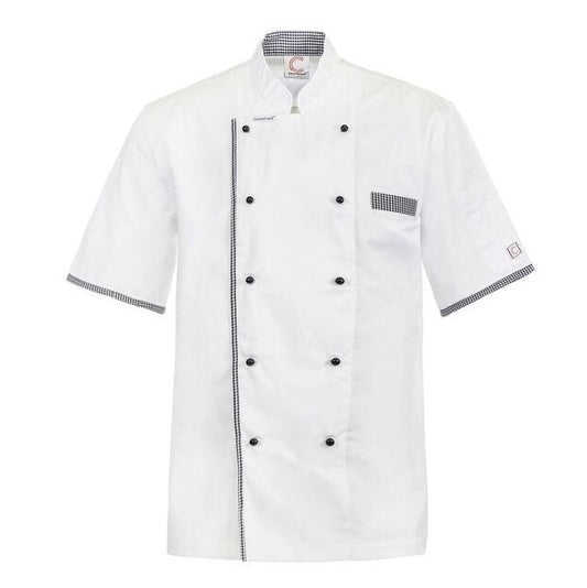 White chef's jacket Chefscraft CJ042 DISCONTINUED Executive Chefs Lightweight Vented Short Sleeve Jacket with Checked Detail