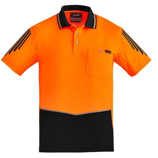 Syzmik ZH315 Mens HiVis Flux Short Sleeve Polo - Orange/Black - Front View