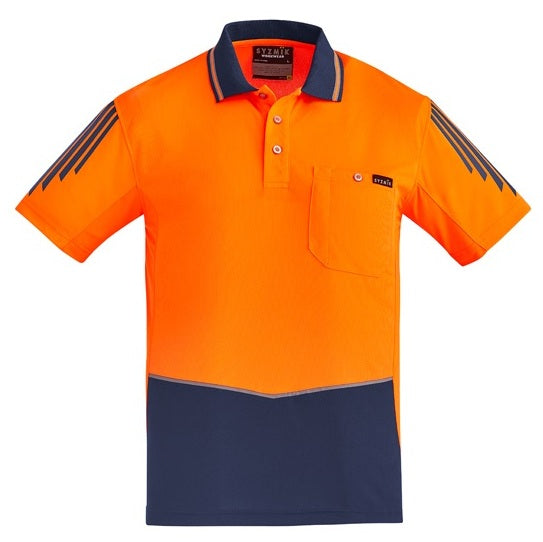 Syzmik ZH315 Mens HiVis Flux Short Sleeve Polo - Orange/Navy - Front View