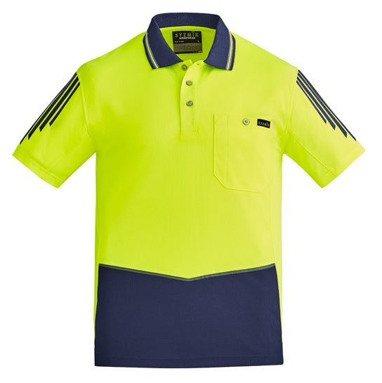 Syzmik ZH315 Mens HiVis Flux Short Sleeve Polo - Yellow/Navy - Front View