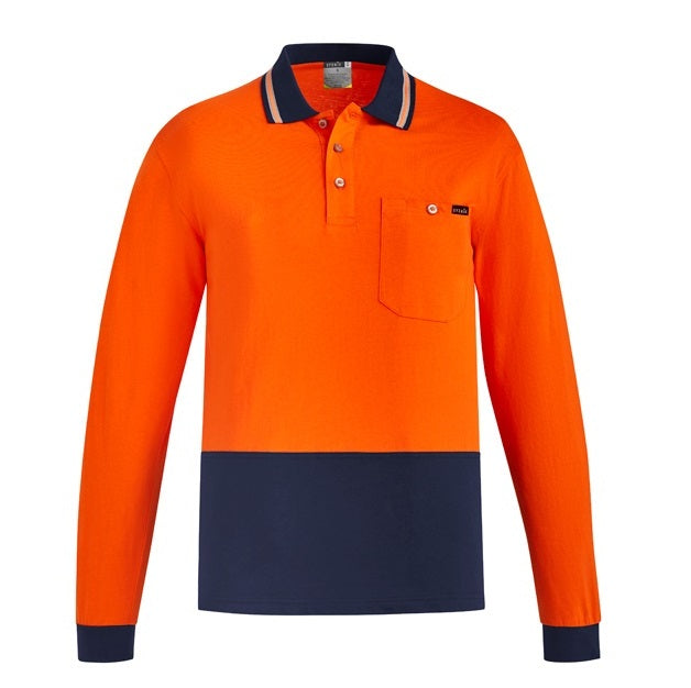 Syzmik ZH430 Mens HiVis Cotton Long Sleeve Polo - Orange/Navy - Front View
