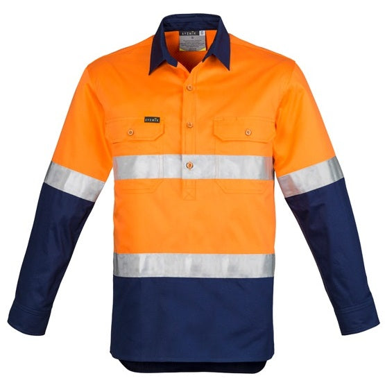 Syzmik ZW550 Mens HiVis Closed Front Long Sleeve Shirt - Hoop Taped - Orange/Navy - Front View