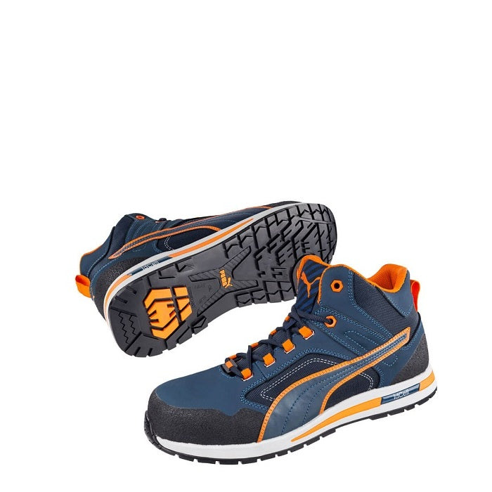 blue Black and Orange Heat Resistant scuff cap Puma 633147 Crosstwist Mid Safety Boots