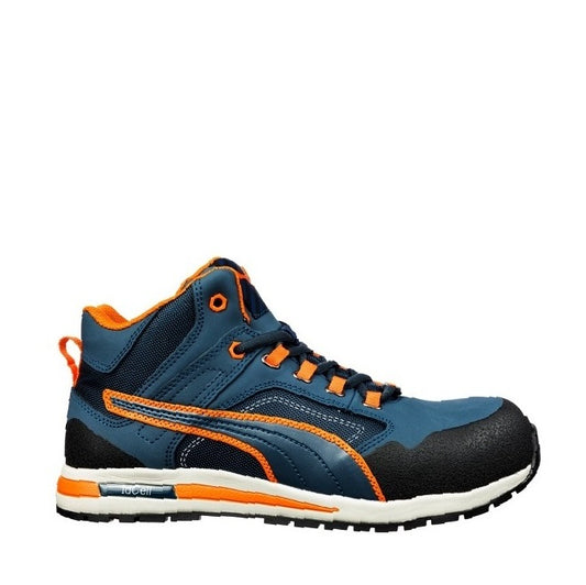 Blue and black sneaker with orange accents Puma 633147 Crosstwist Mid Safety Boots