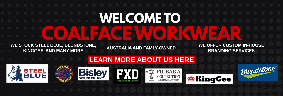 A promotional banner for Coalface Workwear, featuring the brand name in large red letters on a black textured background, with white and red text welcoming visitors. Several partner or affiliated brand logos are displayed along the bottom, including Steel Blue, Bisley Workwear, FXD, Pilbara Collection, and KingGee.