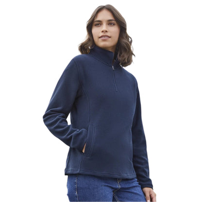 Woman wearing a blue pullover with a white background