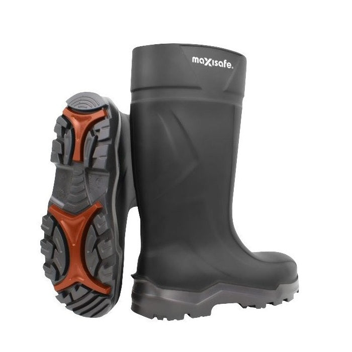 Maxisafe FWS804 Thunder Black Polyurethane Safety Gumboots - Product and Sole View