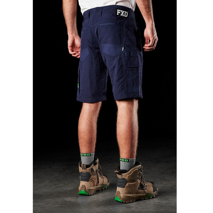 Mens navy blue rugged FXD LS-1 Lightweight Stretch Work Shorts rear side angle view