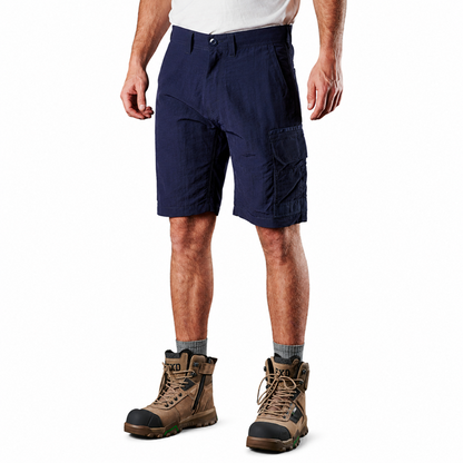 Mens navy blue worksite cargo shorts, tear resistant fabric, FXD LS-1 Lightweight Stretch Work Shorts, front view