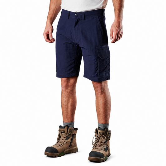 Mens navy blue worksite cargo shorts, tear resistant fabric, FXD LS-1 Lightweight Stretch Work Shorts, front view