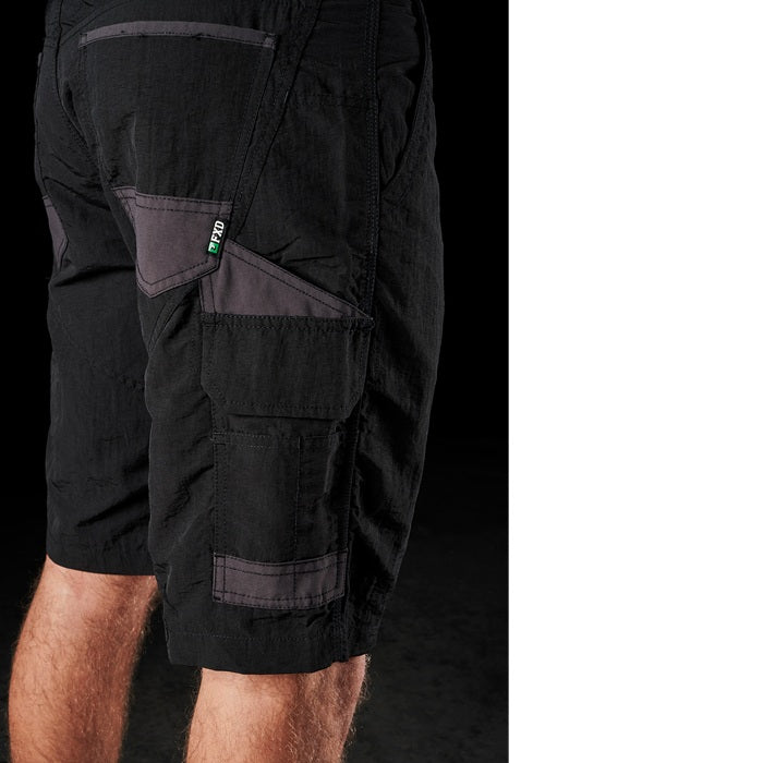 Mens black tradie cargo shorts, FXD LS-1 Lightweight Stretch Work Shorts side view