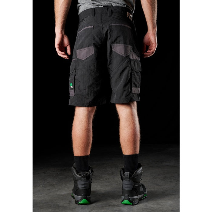 Mens black rear view , double pockets, FXD LS-1 Lightweight Stretch Work Shorts