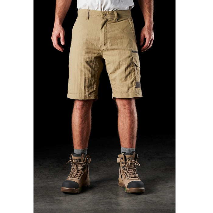 Mens Khaki beige, front view, FXD LS-1 Lightweight Stretch Work Shorts with reinforced seams