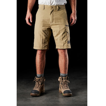 Mens Khaki beige, front view, FXD LS-1 Lightweight Stretch Work Shorts with reinforced seams