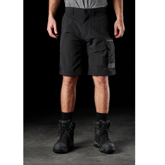 Mens black strong easy care side utility pocket FXD LS-1 Lightweight Stretch Work Shorts front view