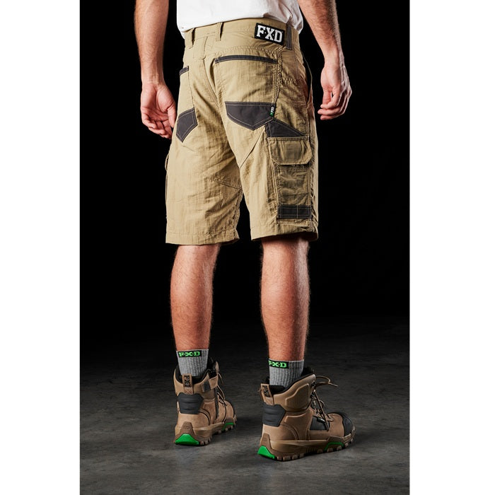 Mens khaki beige with brown detail on pockets FXD LS-1 Lightweight Stretch Work Shorts rear angle view