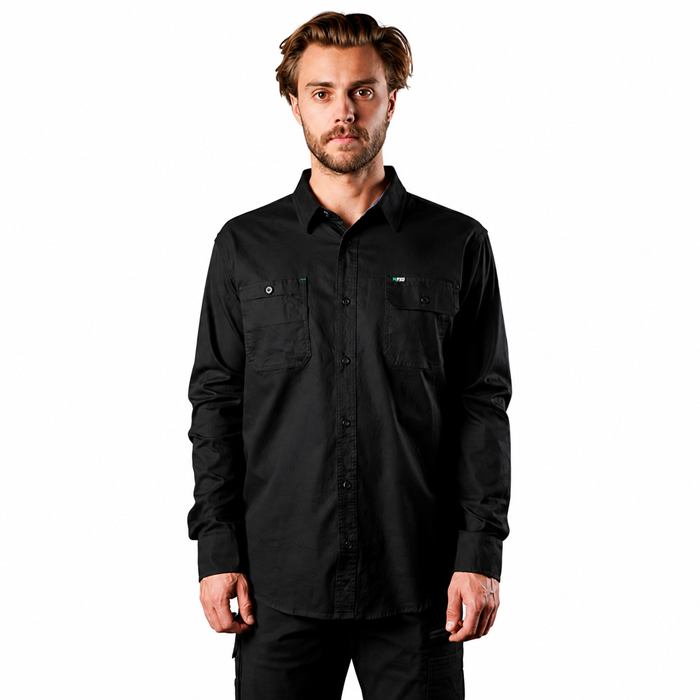 Mens black, chambray collar trim, FXD LSH-1 Long Sleeve Work Shirt front view