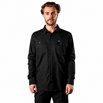Mens black, chambray collar trim, FXD LSH-1 Long Sleeve Work Shirt front view