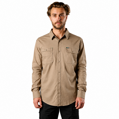 Mens khaki beige coloured worksite shirt, double front pockets, easy care, FXD LSH-1 Long Sleeve Work Shirt front view