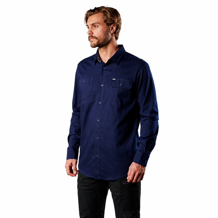 Mens navy blue, dual button, reinforced seam, workplace FXD LSH-1 Long Sleeve Work Shirt, Front angle view