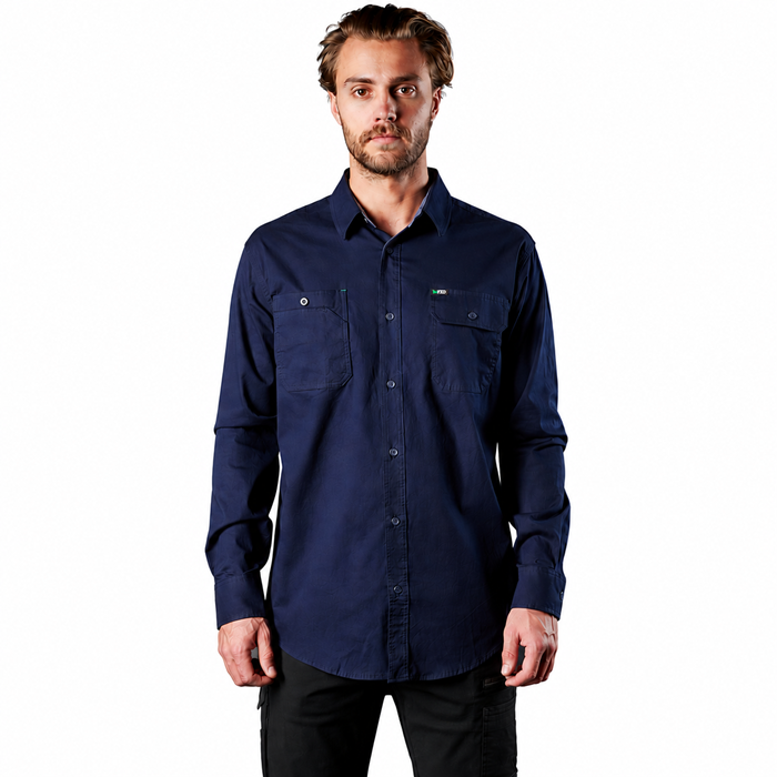 Mens navy blue coloured, tailored fit, roll-up sleeves, FXD LSH-1 Long Sleeve Work Shirt front view