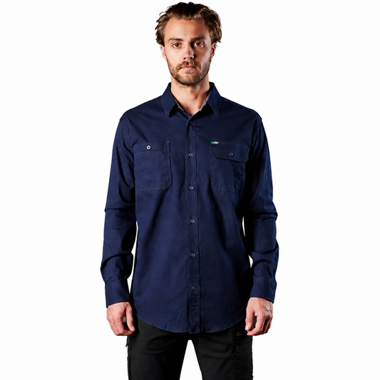 Mens navy blue coloured, tailored fit, roll-up sleeves, FXD LSH-1 Long Sleeve Work Shirt front view