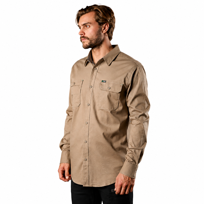Mens Khaki beige coloured button up long sleeve FXD LSH-1 Long Sleeve Work Shirt, front angle view