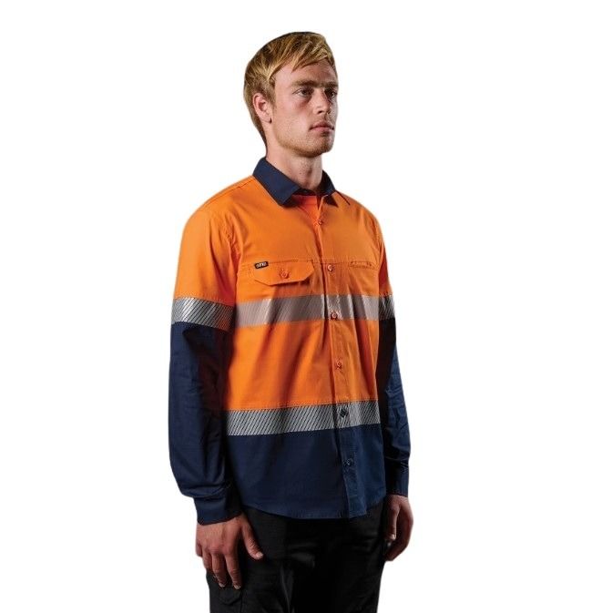 FXD LSH-4T Vented Tech Hi-Vis Long Sleeve Shirt - Hi Vis Orange/Navy - Lifestyle Angled View