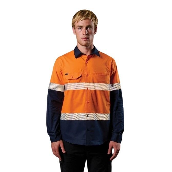 FXD LSH-4T Vented Tech Hi-Vis Long Sleeve Shirt - Hi Vis Orange/Navy - Lifestyle Front View