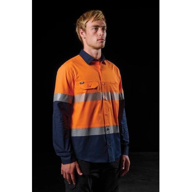 FXD LSH-4T Vented Tech Hi-Vis Long Sleeve Shirt - Hi Vis Orange/Navy - Lifestyle Angled View