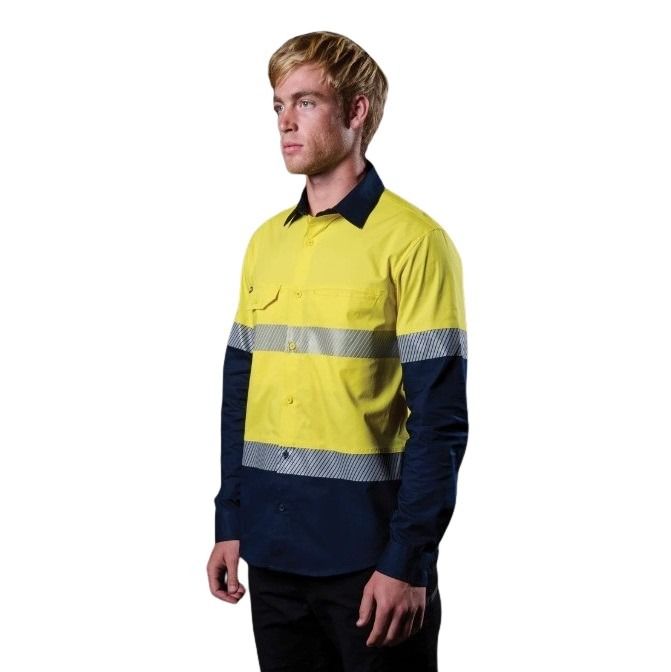 FXD LSH-4T Vented Tech Hi-Vis Long Sleeve Shirt - Hi Vis Yellow/Navy - Lifestyle Angled View