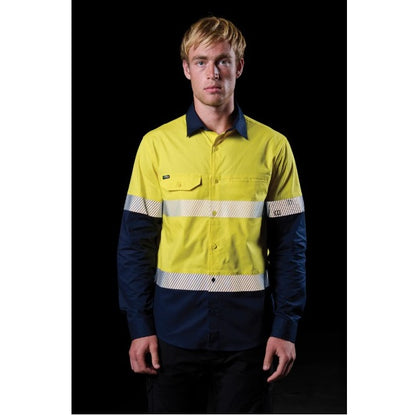 FXD LSH-4T Vented Tech Hi-Vis Long Sleeve Shirt - Hi Vis Yellow/Navy - Lifestyle Front View