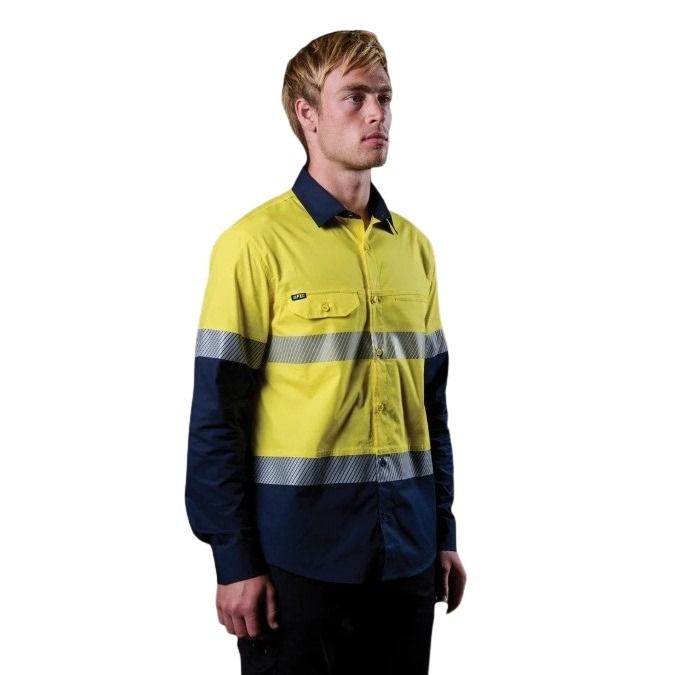 FXD LSH-4T Vented Tech Hi-Vis Long Sleeve Shirt - Hi Vis Yellow/Navy - Lifestyle Angled View