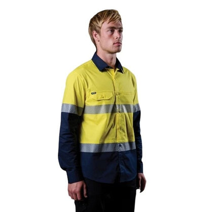 FXD LSH-4T Vented Tech Hi-Vis Long Sleeve Shirt - Hi Vis Yellow/Navy - Lifestyle Angled View