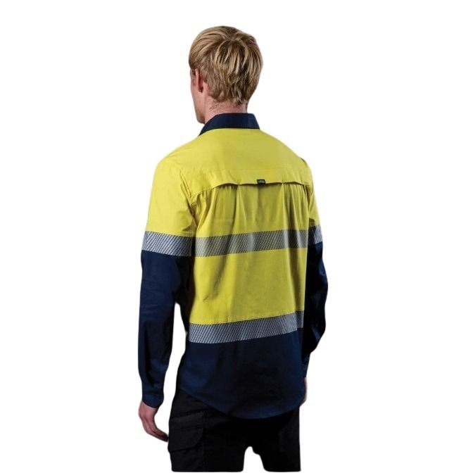 FXD LSH-4T Vented Tech Hi-Vis Long Sleeve Shirt - Hi Vis Yellow/Navy - Lifestyle Back View