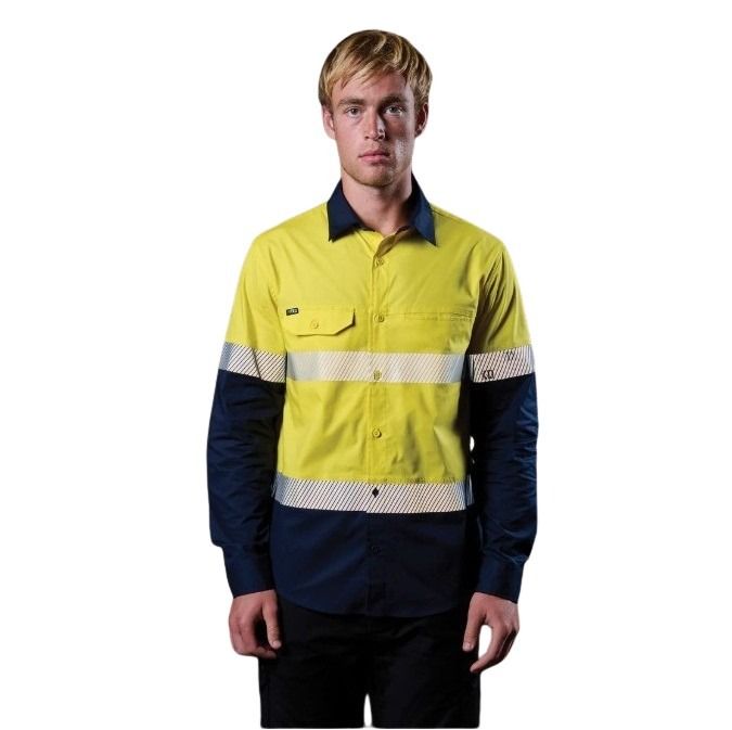 FXD LSH-4T Vented Tech Hi-Vis Long Sleeve Shirt - Hi Vis Yellow/Navy - Lifestyle Front View