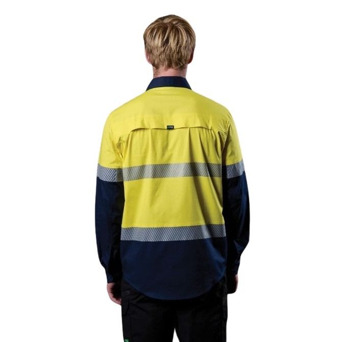 FXD LSH-4T Vented Tech Hi-Vis Long Sleeve Shirt - Hi Vis Yellow/Navy - Lifestyle Back View