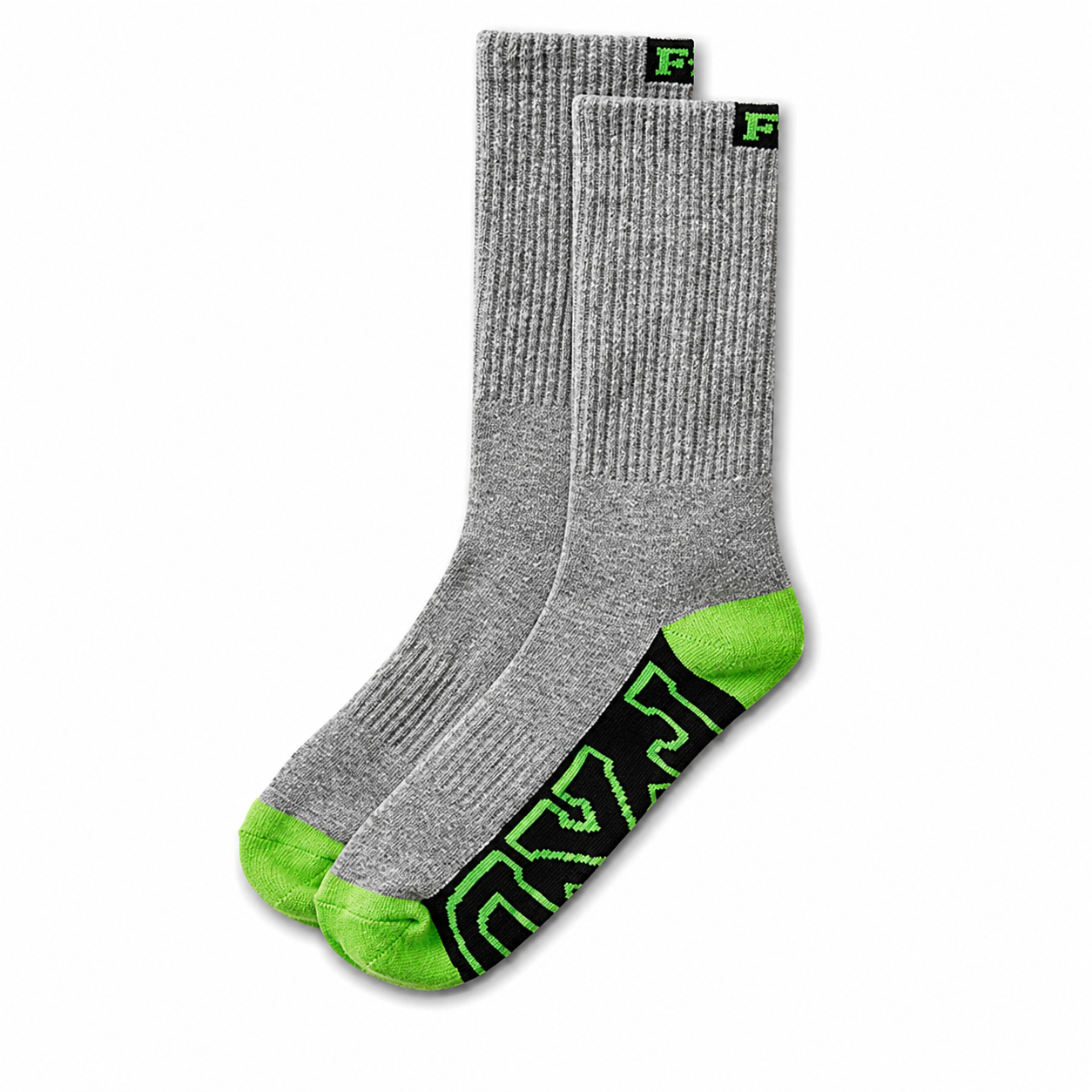 Mens Grey, fluro lime and assorted colours 5 pack crew socks extra heel padding FXD SK-1 5-Pack Long Work Socks, front view