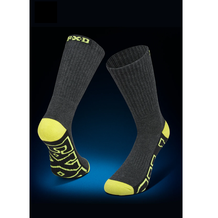 Mens dark gray crew socks with bright neon yellow accents on the toes, heels, and sole, FXD SK-1 5-Pack Long Work Socks, front view